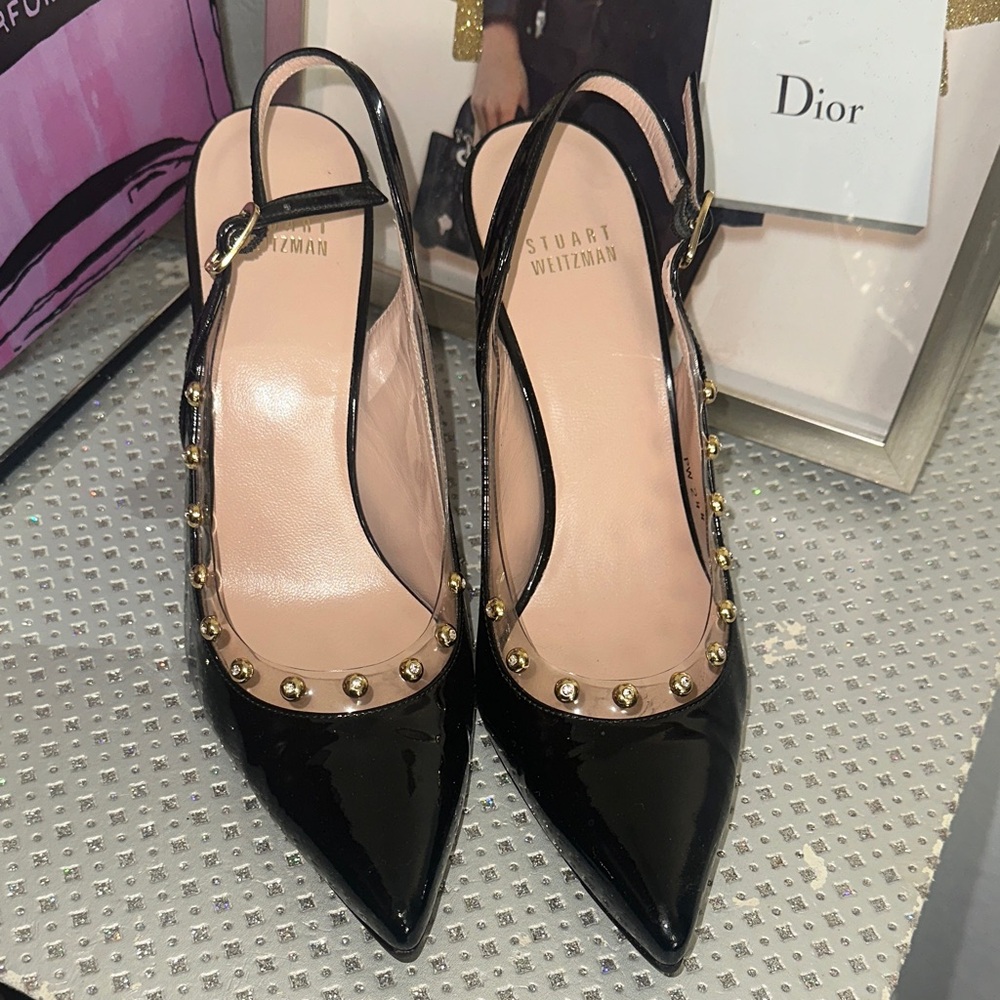 Stuart Weitzman Black and Gold Studded Heels